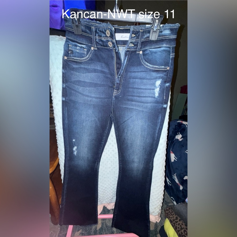 KanCan Blue Flare Wide Leg Jeans with Distressed Details